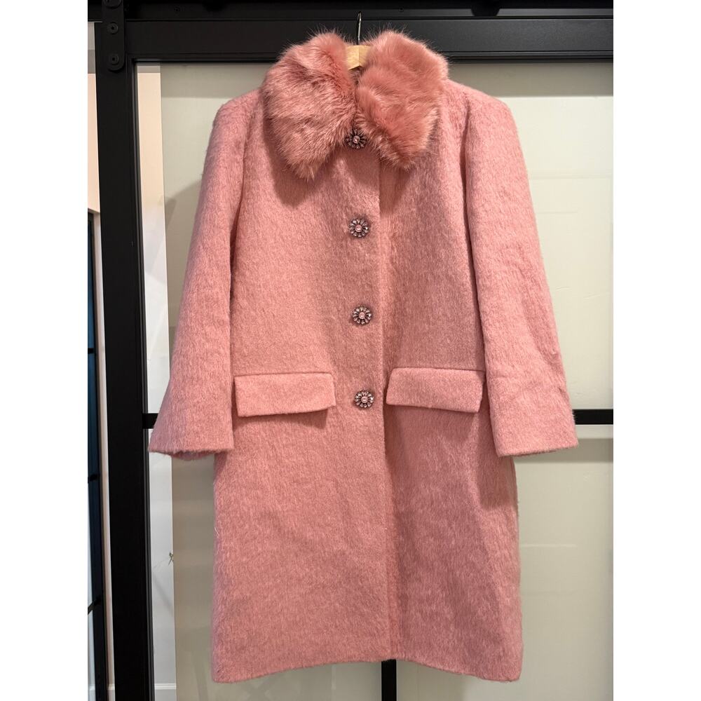 Kate Spade Faux Fur Tulip Pink Jewel Button Wool Coat Size 0 - Picture 4 of 8